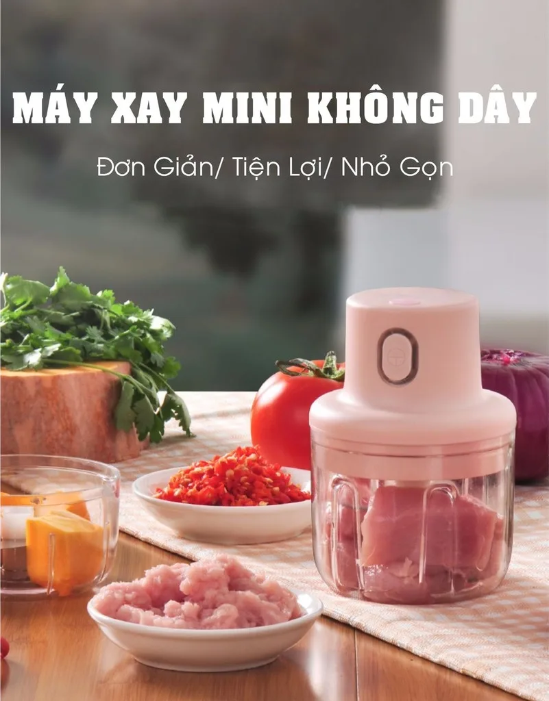 Máy xay tỏi ớt, thịt 250ml đa năng ( hồng ) pin sạc
